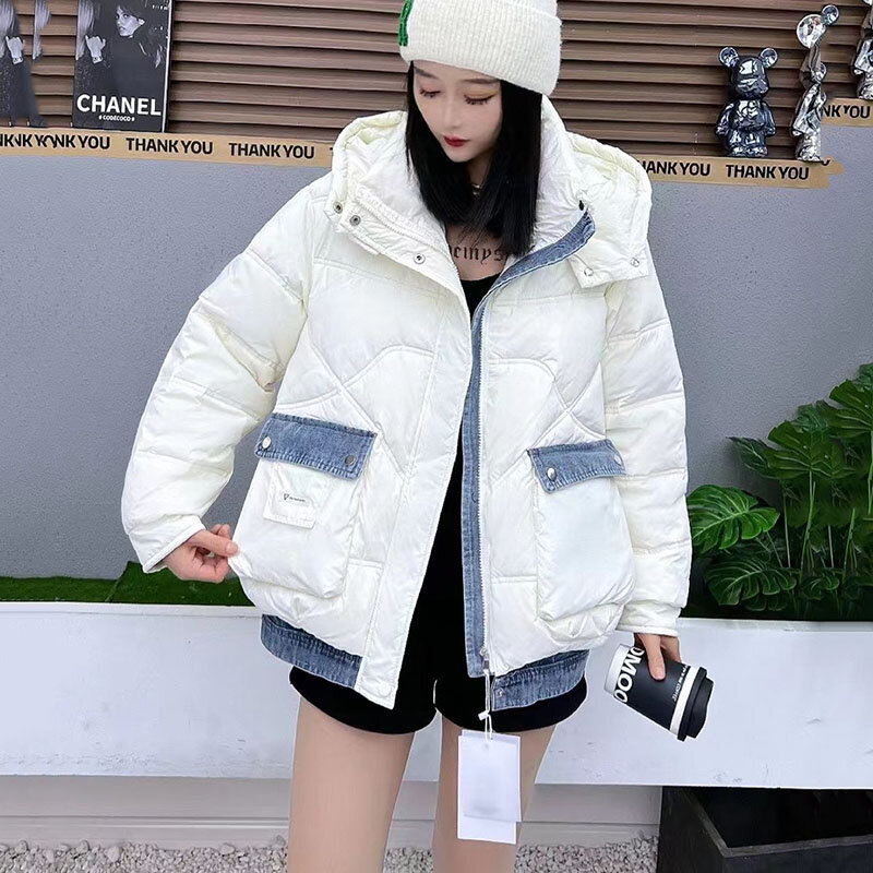 여성용 데님 스플라이싱 다운 재킷, 따뜻한 재킷, 90% 화이트 덕 다운 코트, 콜드 후드 파커 아우터, 가을 겨울, 신상