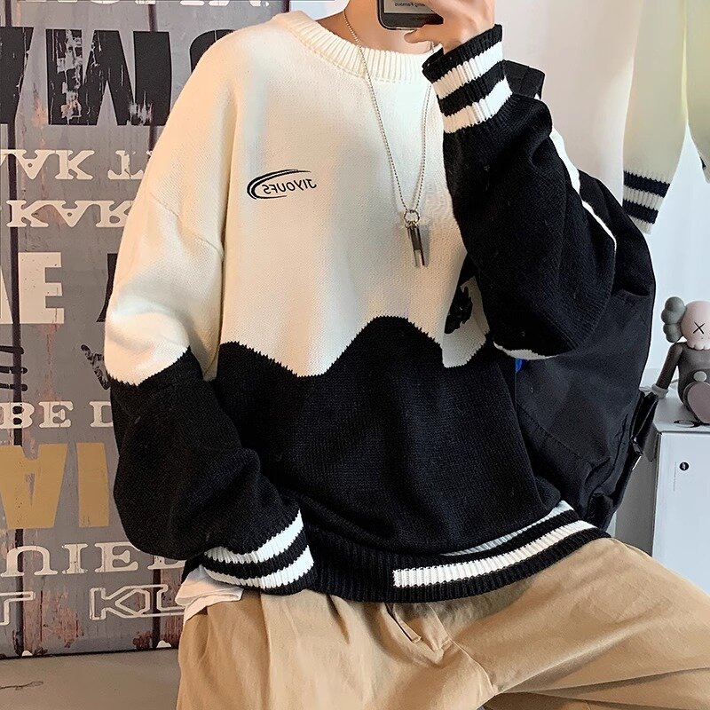 Pullovers for Men Patchwork Teens Korean Fashion Thicker Cold Wear Baggy Knitted Long Sleeve Sweaters Harajuku All-match Ins New