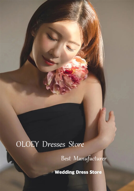 OLOEY gaun pernikahan Korea Satin elastis, gaun malam panjang tanpa lengan tanpa tali pemotretan foto putri duyung hitam sederhana
