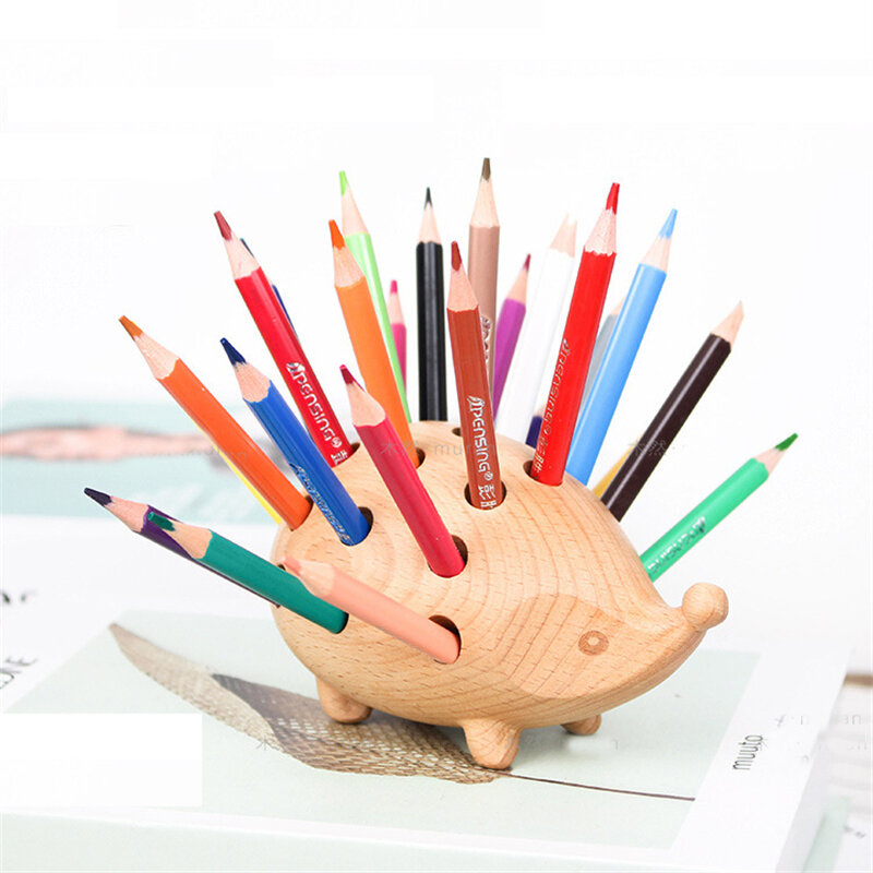 Soporte de escritorio multifuncional para niños, portalápices de madera de erizo, 24 agujeros, a la moda con bolígrafo de 24 colores