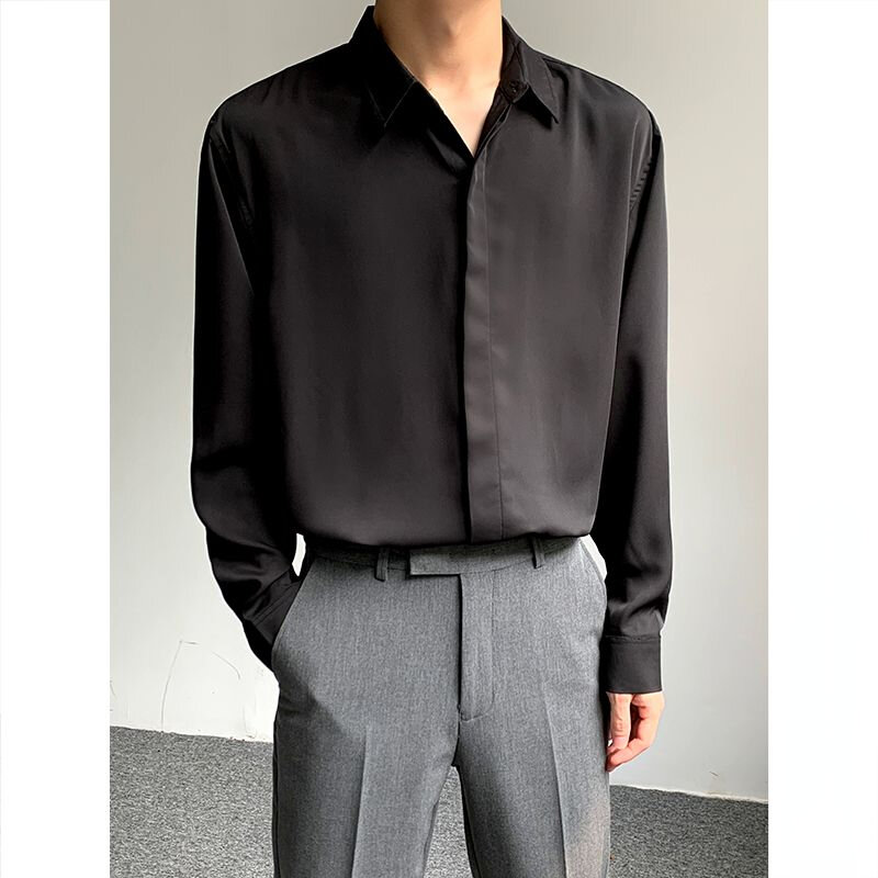 Camisa de seda de hielo para hombre, ropa de gama alta, Color sólido, drapeado, coreano, manga larga, botones ocultos, camisa de vestir informal de negocios