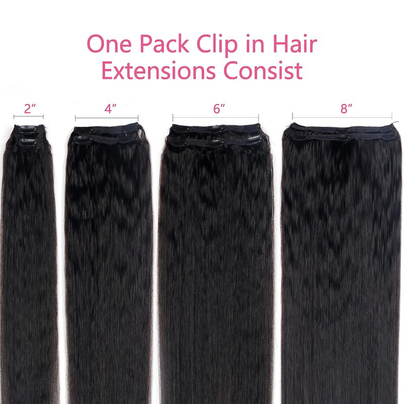 ブラジリアンエクステンションナチュラルレミー100%,人間の髪の毛の形をしたストレートクリップ,ナチュラルカラー,10-26インチ,120g,8ピース/セット