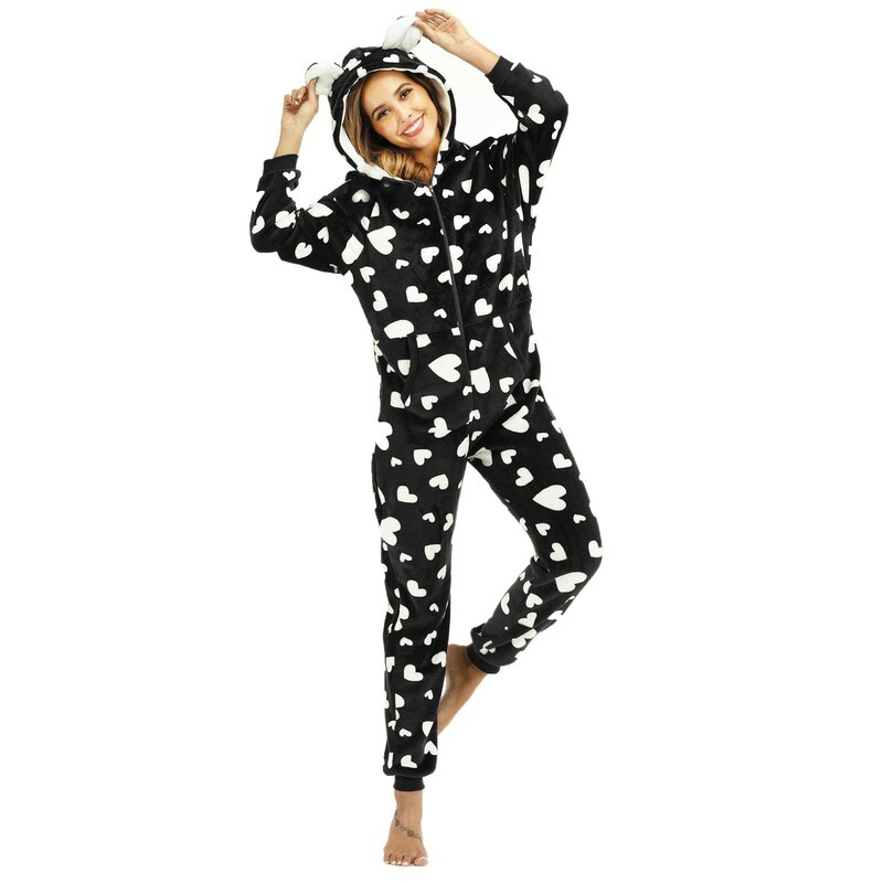 Onesies 유니섹스 여성 잠옷, 가을 겨울 플리스 잠옷, 두껍고 따뜻한 후드 점프수트, 플러시 롬퍼 클럽웨어, 나이트웨어