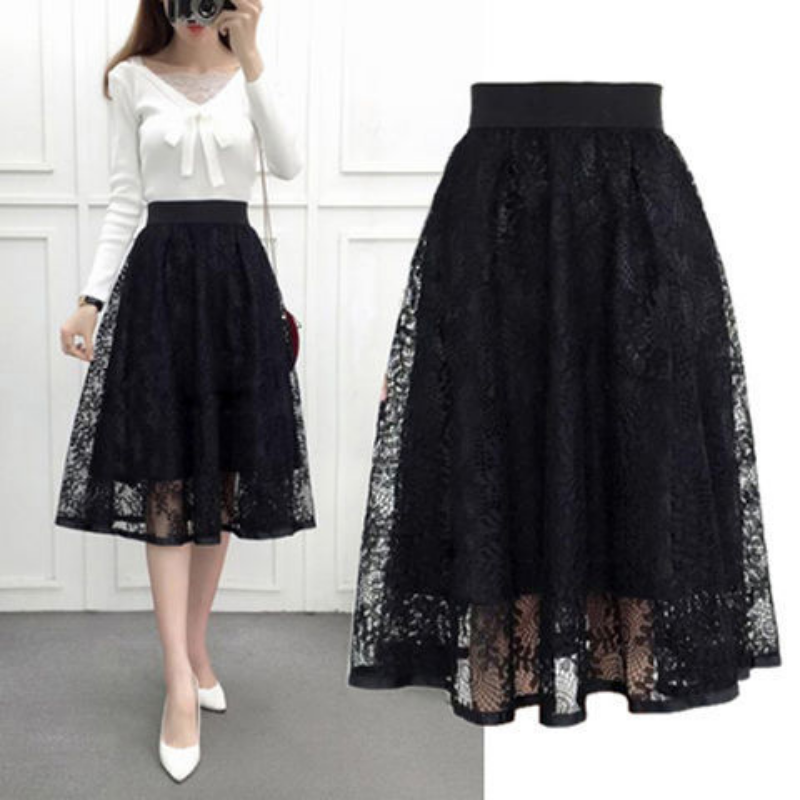 Spring Fashion Korean Circle Hollow Out Black Skirt Elastic High Waist Gentle Casual Loose Mid Length Version A-line Half Skirts