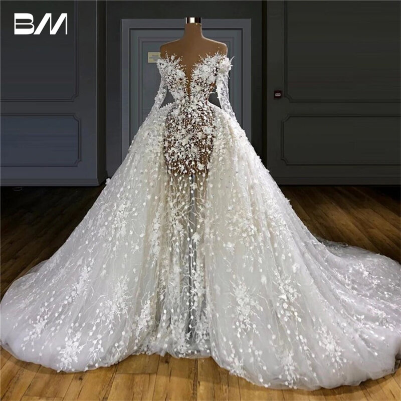 Pearls Sexy Illusion Mermaid Wedding Dresses For Women Detachable Train Luxury Appliques Bride Dress Bridal Gown Robe De Mariée