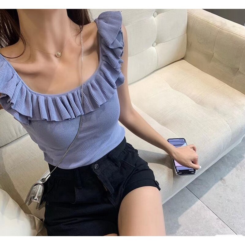 Women's Summer Knitted Ruffles O Neck Sleeveless Tank Top Lady Sweet Solid Color Slim Tank Top