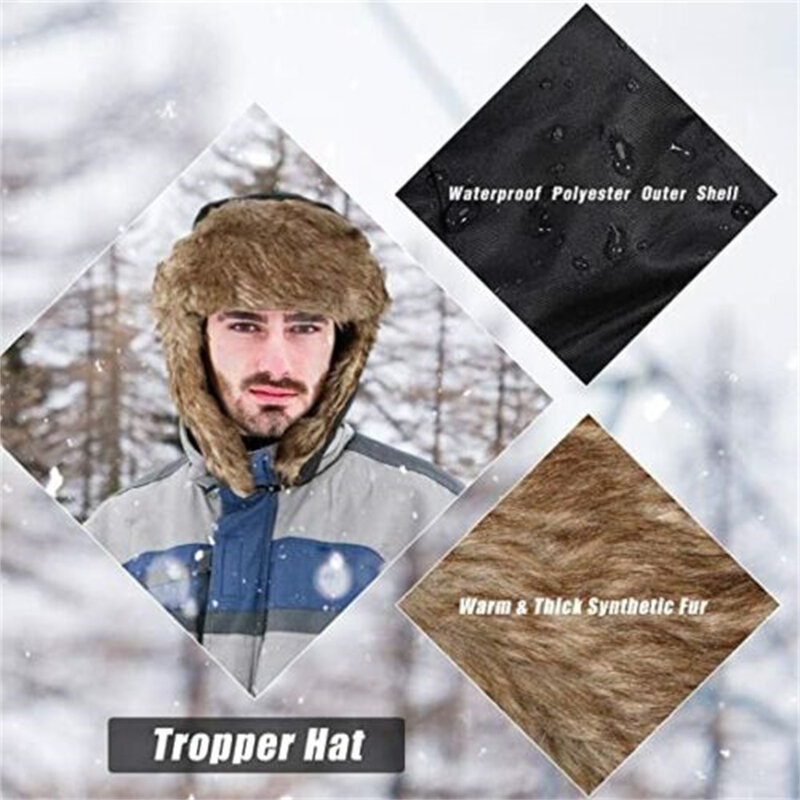 Men's Winter Trapper Aviator Trooper Earflap Warm Russian Waterproof Ski Hat Bomber Cap  Russian Warm Ear Protectors Hats