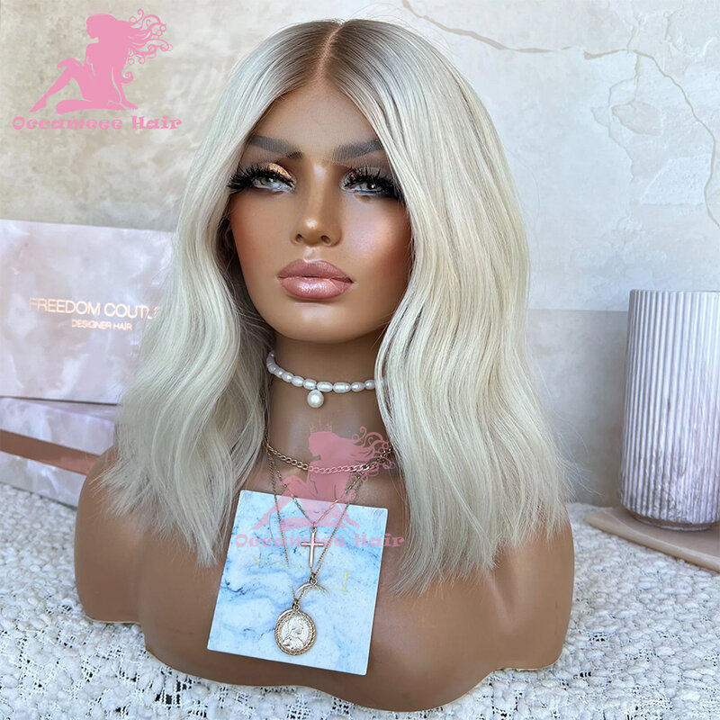 Ombre Ash Blonde Glueless Human Hair Lace Frontal Bob Cut Wig Transparent 13x4 Lace Front Wigs Pre Plucked Brazilian Dark Root C