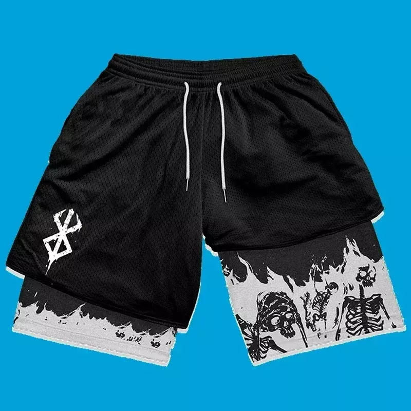 Y2K celana pendek olahraga pria, pakaian jalanan Anime Berserk ukuran besar aktif atletik Gym celana pendek latihan kebugaran berlari musim panas