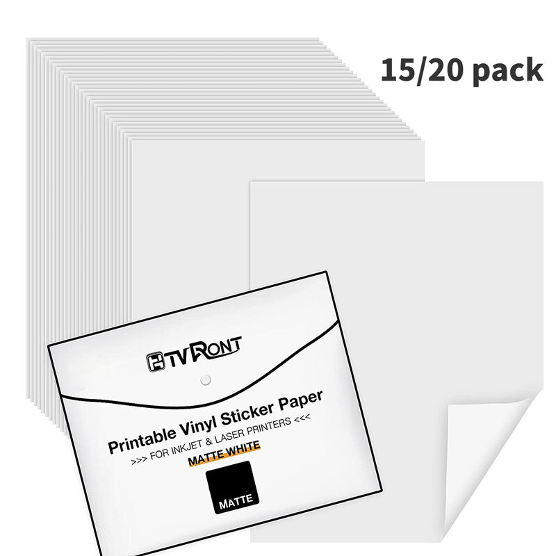 HTVRONT Matte A4 imprimível vinil adesivo papel, papel de cópia auto-adesivo para impressora a laser Inkjet, DIY Craft, 15-20 folhas, 8,5x11 pol