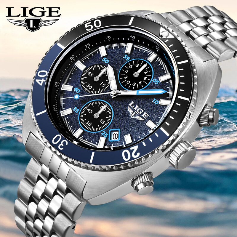 LIGE-Montre de sport en acier inoxydable pour homme, chronographe à quartz, marque supérieure, mode de luxe, nouveau, 2023