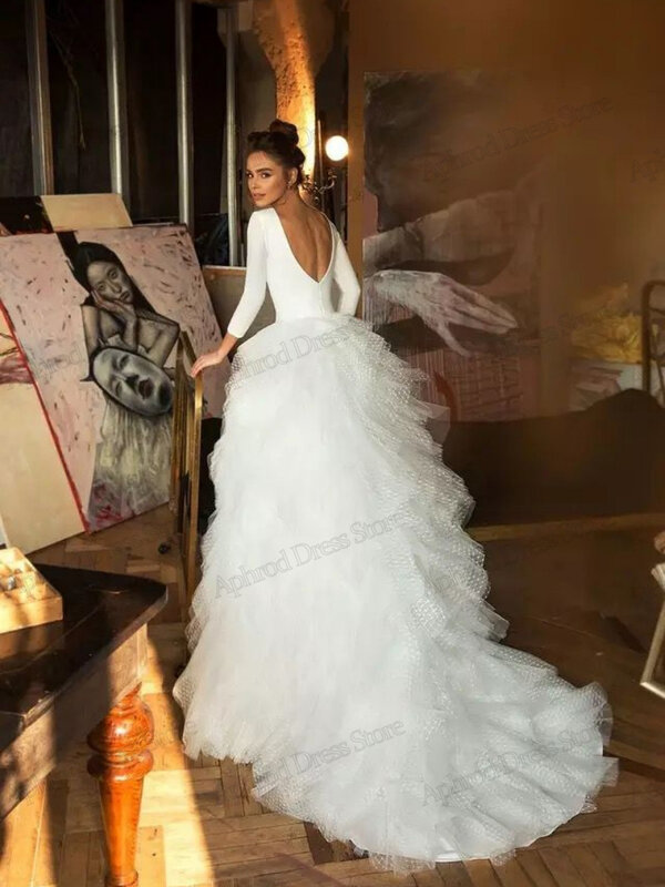 Gaun pernikahan Modern gaun pengantin berjenjang Tulle A-Line jubah sederhana Satin lengan penuh leher-o panjang lantai Vestidos De Novia