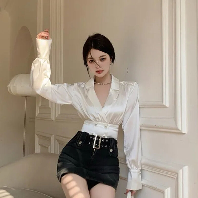 Korean Spring Temperament Women Blouse Vintage Chic Elegant Hollow Sleeve Tops Y2k Female Turndown Collar Casual Short Shirts