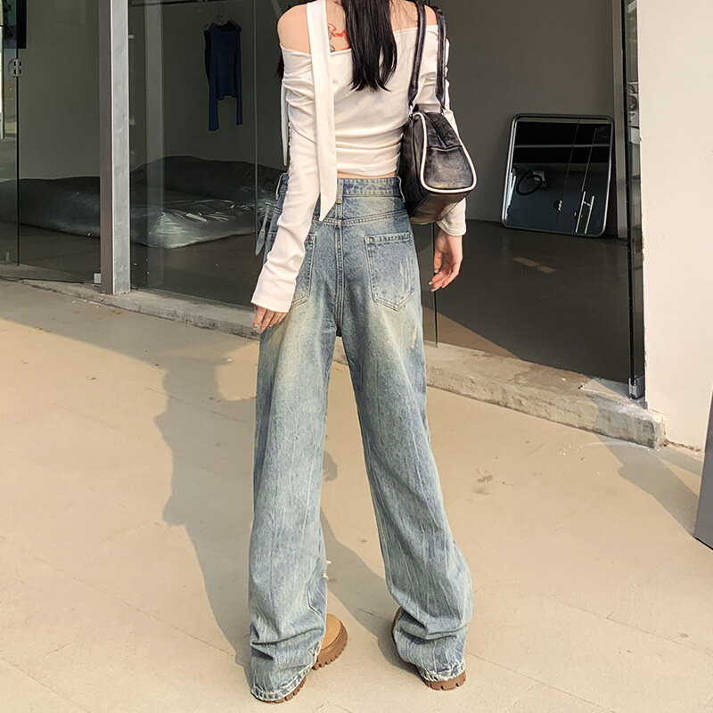 Denim Planet Style Ripped Jeans For Women's Summer 2024 New High Waisted Straight Loose And Slimming Wide Leg Mop Pants