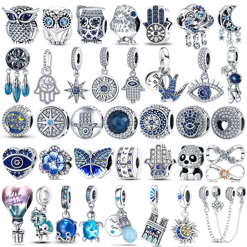 Charms de luciérnaga de plata esterlina 100% 925, globo de aire caliente de mal de ojo, azul, apto para pulsera Pandora Original, fabricación de joyas DIY