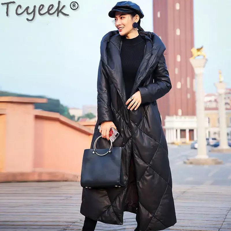 Tcyeek Jaket Puffer Panjang Bertudung Wanita Elegan 100% Mantel Kulit Domba untuk Wanita Pakaian Musim Dingin Jaket Kulit Asli Hangat Cou
