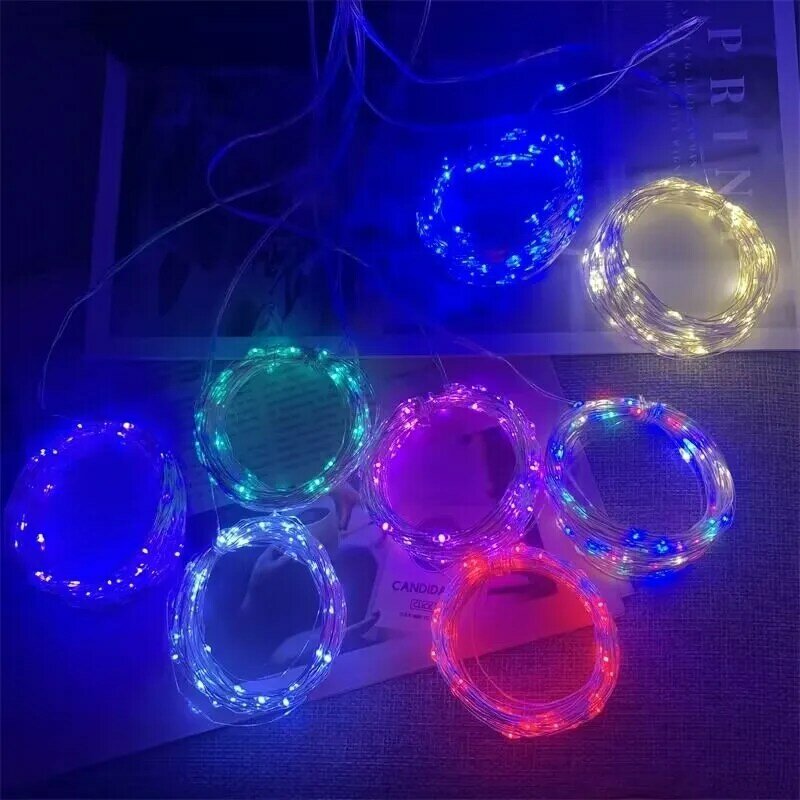 Tira de luces LED con batería, alambre de cobre transparente para fiesta, Navidad, boda, 9 colores, 2M, 5M, 20M, 200 LED