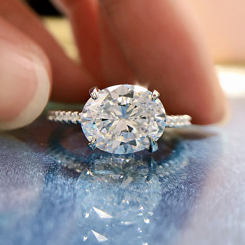 Cincin Berlian Moissanite 3Ct Potongan Oval 100% Cincin Pita Pernikahan Pesta Perak Murni 925 Asli untuk Wanita Perhiasan Janji Pertunangan