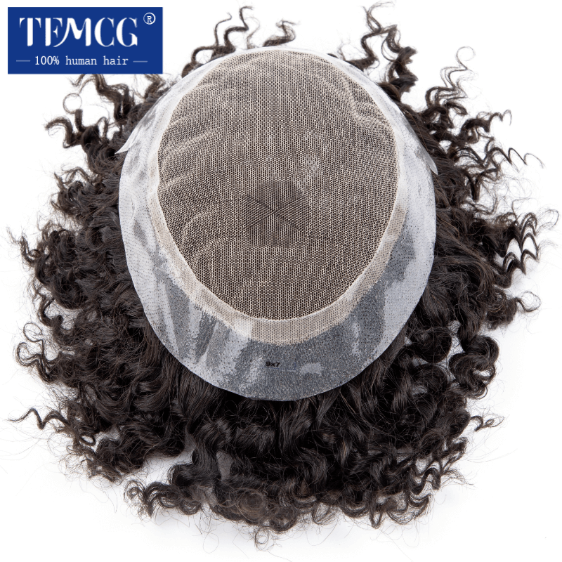 Australia kręcone włosy męskie proteza francuska koronka z podstawką męską peruka 100% ludzkie włosy Exhuast System peruki dla mężczyzn