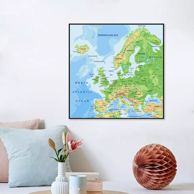 Европейская орографическая карта, 60*60 см, Картина на холсте, настенный художественный плакат, классная комната, украшение для дома, детские школьные принадлежности