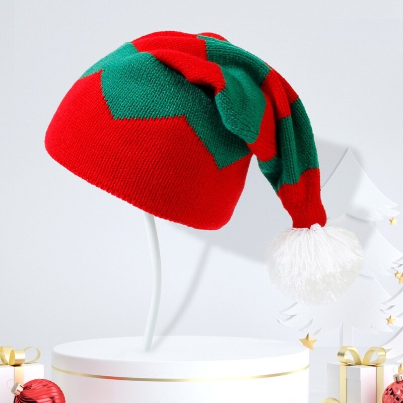 Christmas Knitted Windproof Hat Fluffy Pompom Decor Adult & Kids Christmas Hat for Xmas Holiday Carnival Party Hat