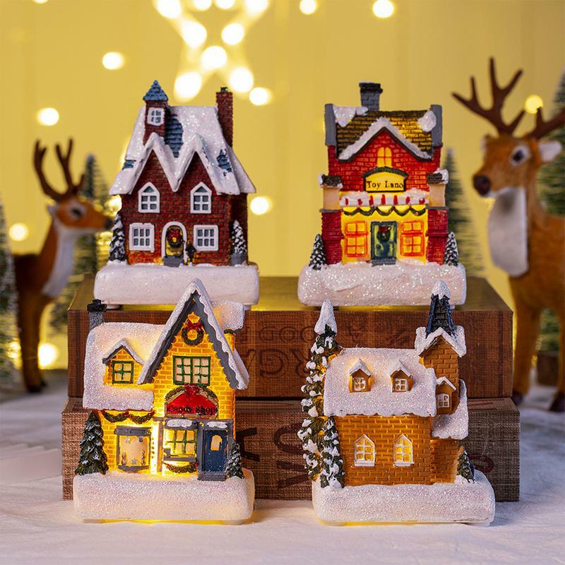 Vila iluminada do Natal com luzes LED, casa de cabine brilhante, luz noturna do floco de neve