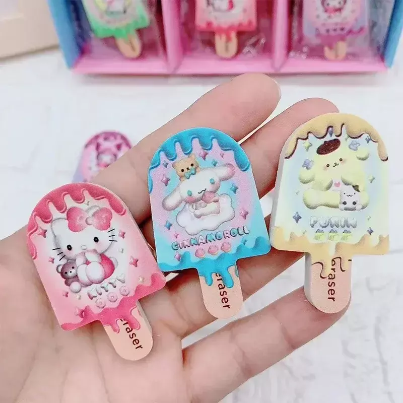 Sanrio Kawaii Eraser Kuromi Melody Cinnamonroll 30pcs Stereo Ice Cream Eraser Student Cute Pencil Eraser Stationery Wholesale