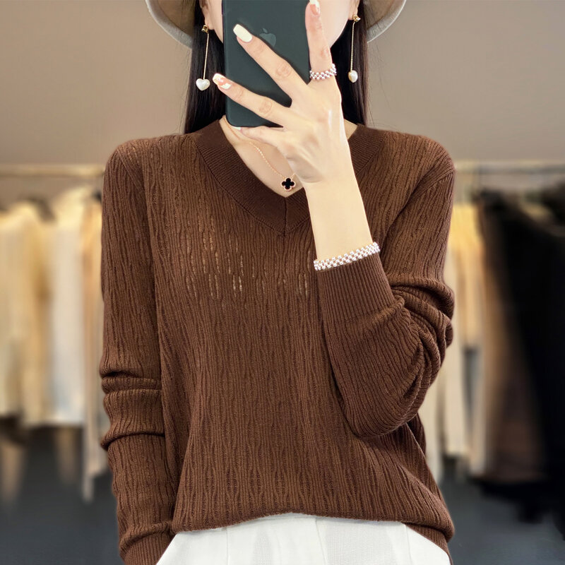 Women's Knitwear Vneck Pullover Long Sleeved Fine Worsted Wool Knitwear Hollow Out Versatile Fashion Top Spring/Summer New Style