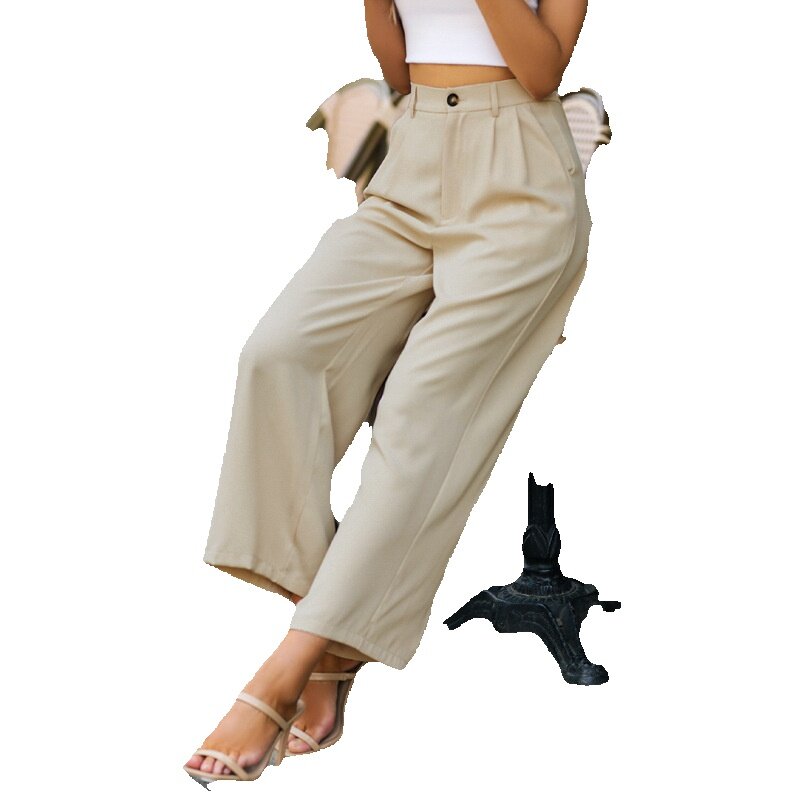 Calça casual feminina de cintura alta, tubo reto de 9 pontos, de botão fino, cor sólida, nova, verão