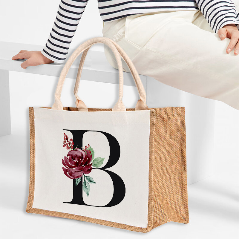 Bolsa de linho feminina, bolsa de grande capacidade, bolsa de ombro casual feminina, sacos de praia frescos diários, luxo, estampa de 26 letras