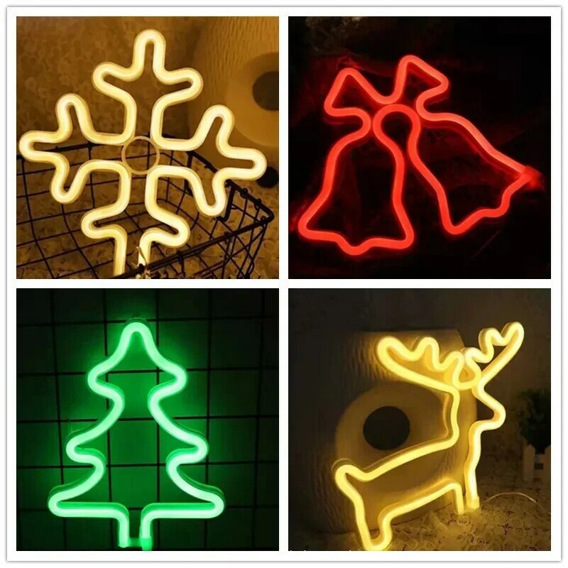 Рождественская неоновая подвесная елка, декоративные огни, колокольчики, лось, снежинка, знак, дневной подарок для детей, питание от батареи USB