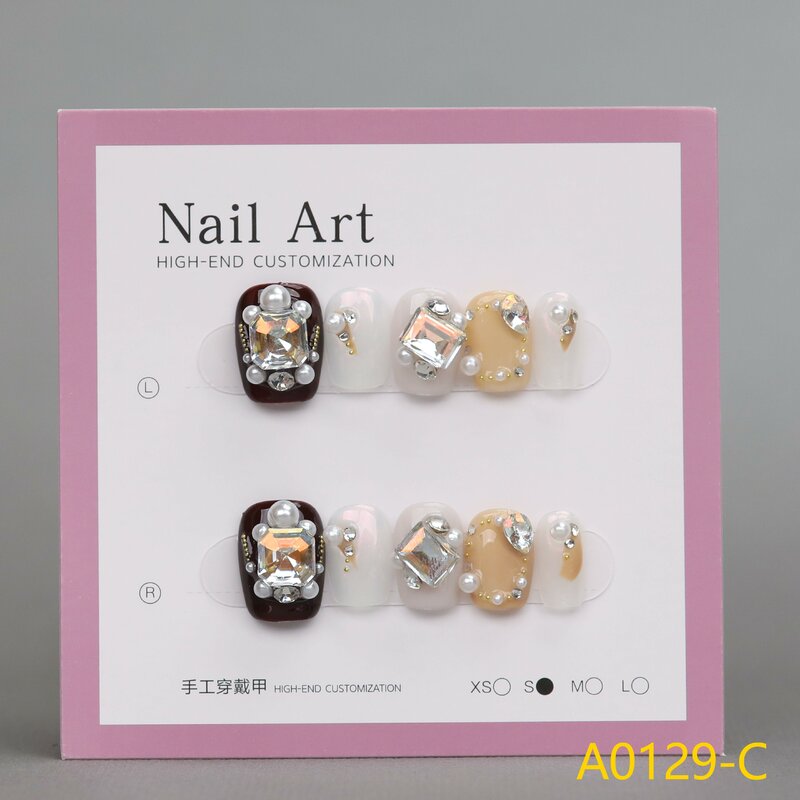 Pegatinas de uñas de estilo francés hechas a mano de tamaño mediano, 10 piezas, brillantes y lujosas, hechas a mano con diamantes