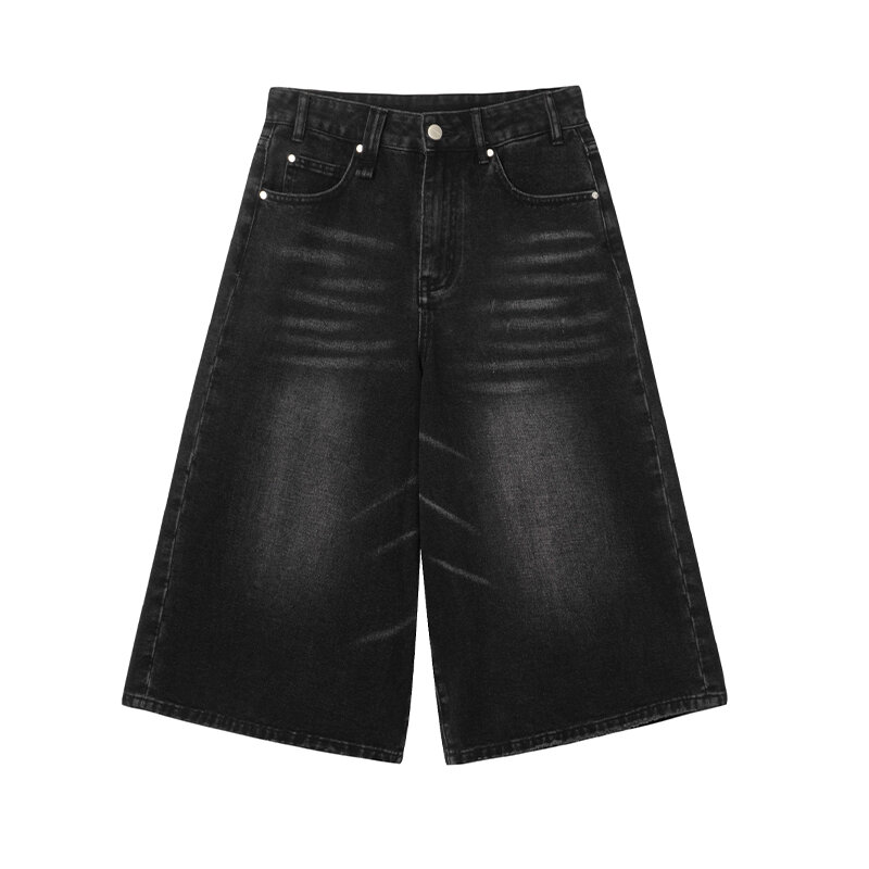 Shorts jeans largos pretos, estilo Y2K, calça capri de perna larga, cintura alta, jeans com lavagem escura, moda retrô casual feminina, anos 2000