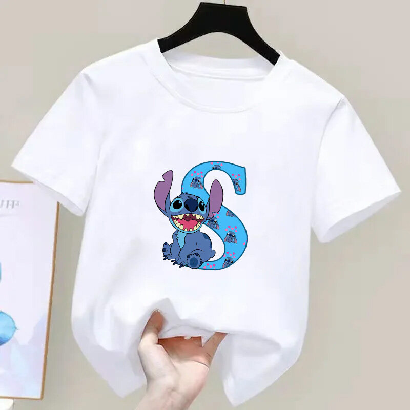 T-shirt Stitch Anime pour enfants, haut pour fille et garçon, vêtements décontractés, lettres A, B, C, D, nom BLOKawaii, dessins animés