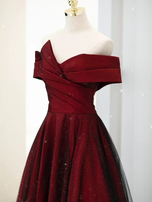 Off-Shoulder gaun pernikahan wanita, gaun pengantin pertunangan Prancis kasual pernikahan merah 2024