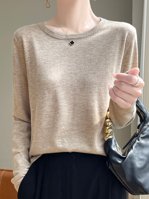 Women's spring and summer new 00% Merino worsted wool pullover O-neck knitted long-sleeved thin women's casual shirt