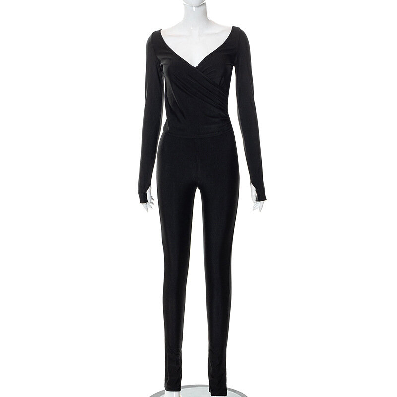 สีดำสบายๆ2ชิ้นชุดแฟชั่นสำหรับผู้หญิงเซ็กซี่ห่อ V คอถุงมือแขนยาว Slim Tops สูงเอวกางเกงแยกชุด