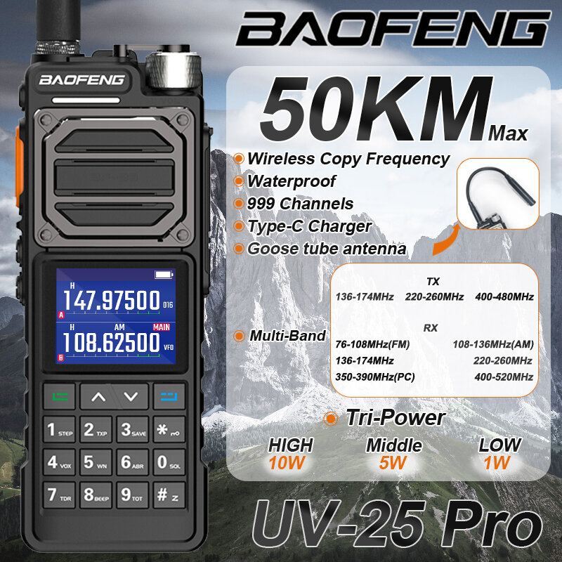 BAOFENG UV-25 PRO 고성능 전술 워키토키, 풀 밴드 999CH 주파수 복사, C 타입 양방향 햄 라디오, 50km, 업데이트 신제품