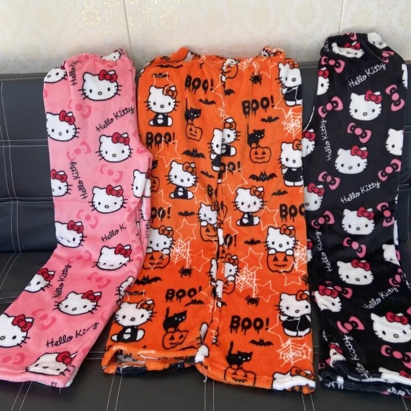Фланелевая пижама Sanrio Hello Kitty, Черная Женская теплая шерстяная Повседневная Домашняя одежда с мультяшным рисунком, модные брюки на осень и зиму
