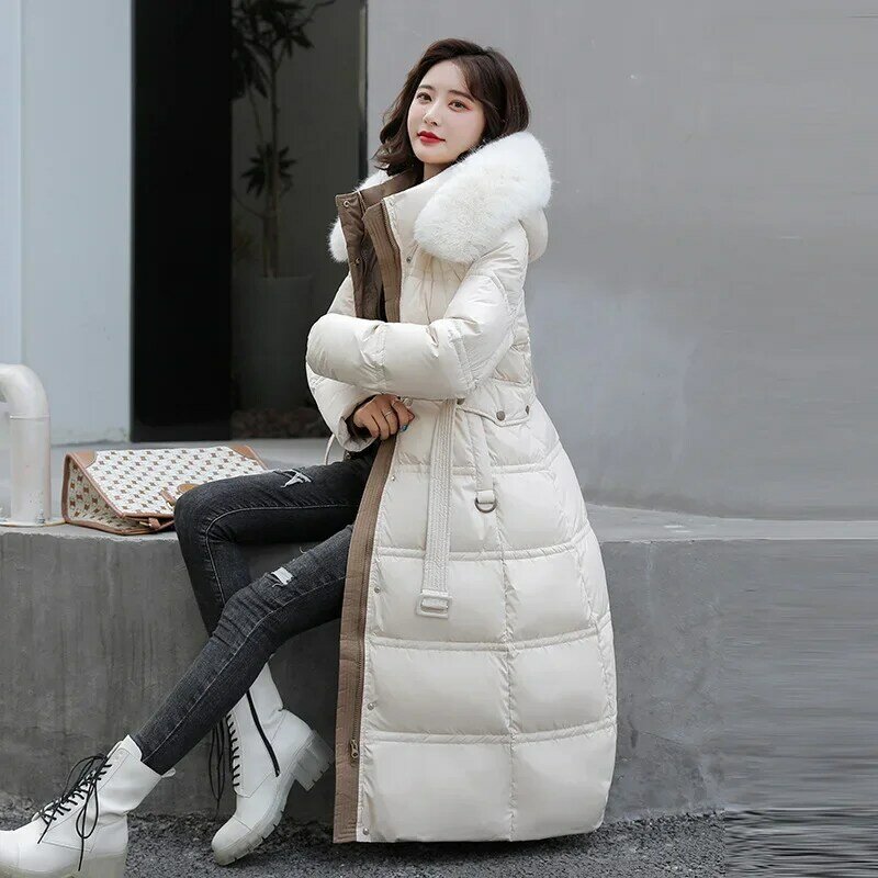 Jaket parka katun panjang ke bawah 2024 untuk wanita musim dingin baru jaket berlapis kerah bulu palsu panjang X-Long mantel bawah ukuran besar longgar