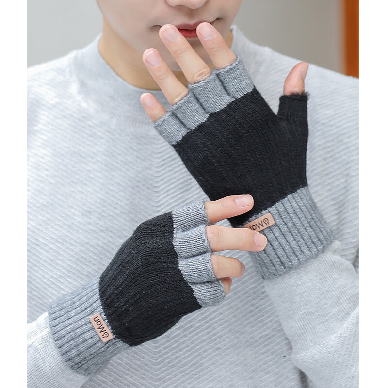Men Winter Fingerless Half Finger Knitted Gloves Office Knitted Warm Exposed Finger Thick Gloves Elastic Driving Gloves