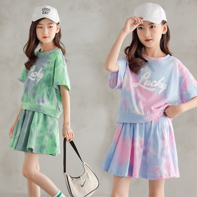 Summer Girls Print Sets 2024 New Kids Trends Letter Suits Teens Casual Top+Skirt 2Pcs Children Fashion Short Sleeve Clothing
