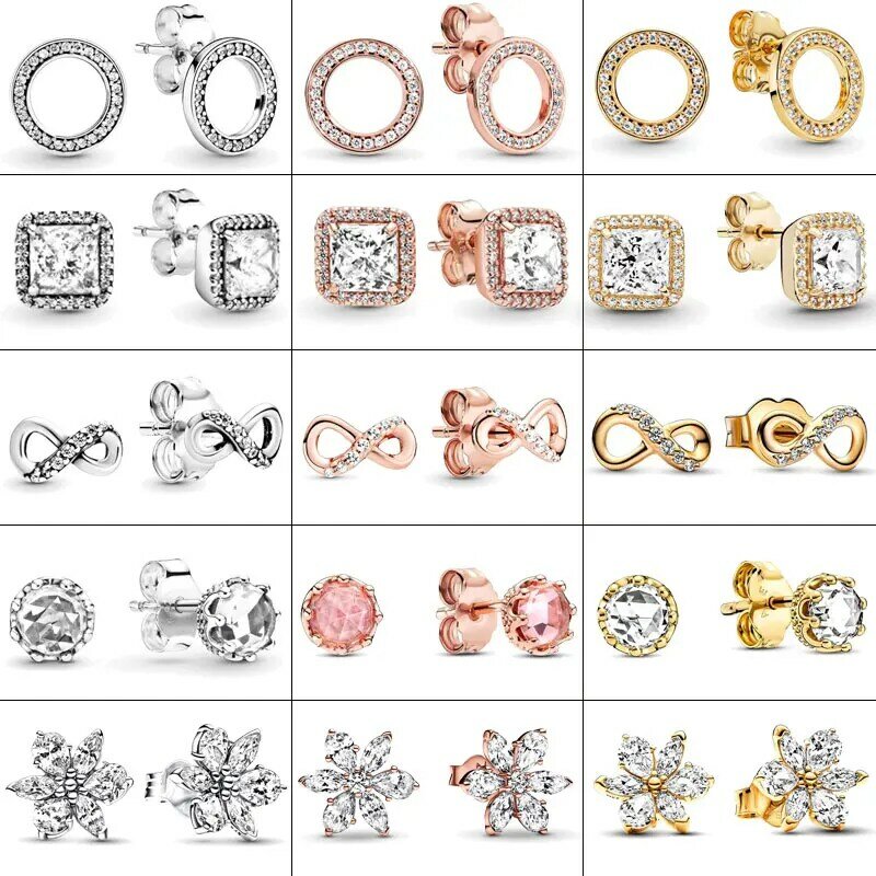 925 Sterling Silver Earring Sparkling Circle & Infinity Stud Earrings Square Sparkle Stud Earrings Pandor Fine Jewelry Women DIY