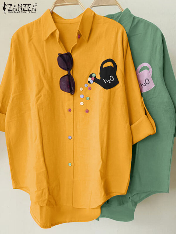 Рубашка ZANZEA Женская с длинным рукавом, модная Повседневная Туника на пуговицах, топ свободного покроя, Элегантная блузка с принтом, с лацканами, лето 2024