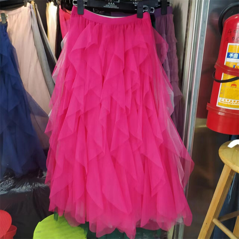 2024 New Women Skirts Summer Chiffon Fashion Patchwork Solid  Mid-Length High Waist Elegant Knitted Tank Korean Party Mesh Skirt