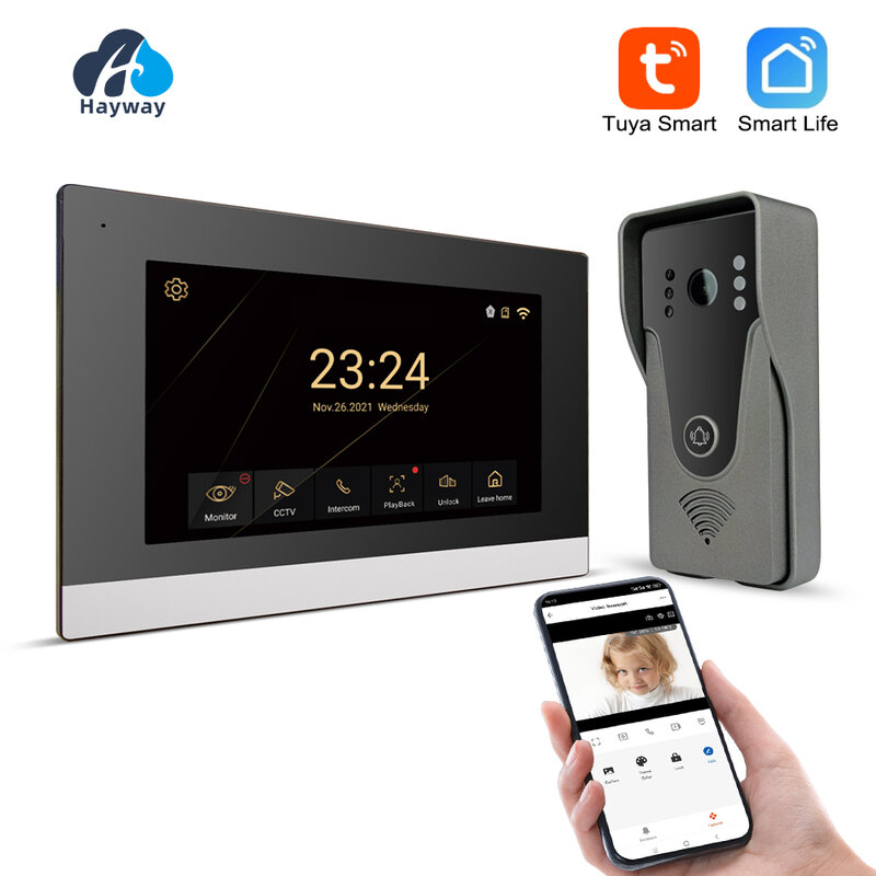 Système d'interphone vidéo Tuya Smart Home, écran tactile 7 amarans, WiFi, entrée de porte, accès téléphonique avec caméra de sonnette filaire 1080P 110 °