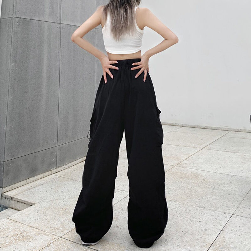 Mulheres Y2K Korean Harajuku Casual Streetwear Calças Cargo, Sólida Calças Retas Baggy, Corredores de Bolsos de Perna Larga, Moda