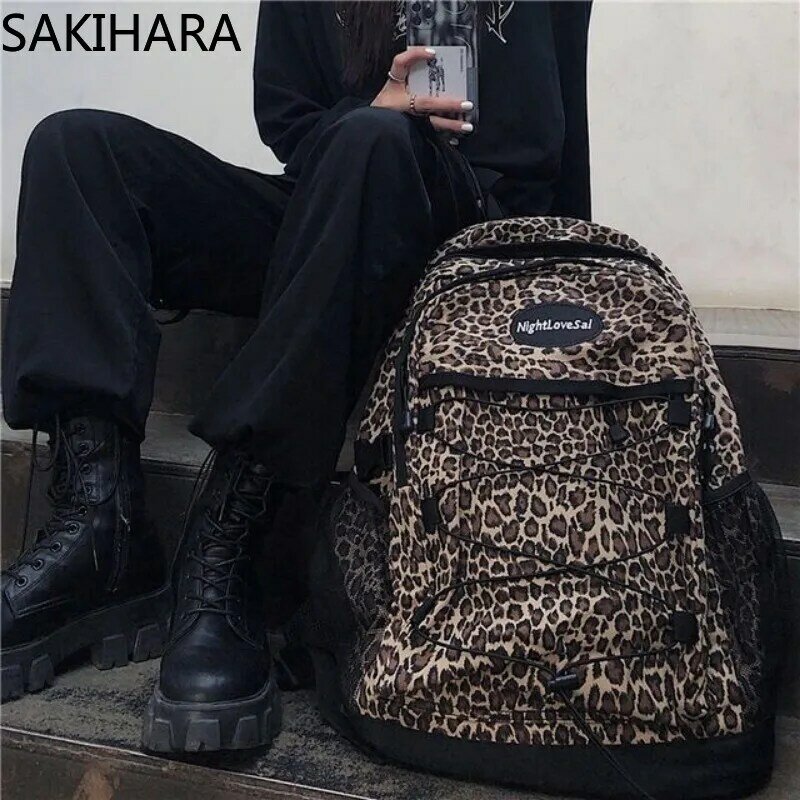 Gothic Leopard All Match Y2k Backpack for College Students Korean Large Capacity Casual drawstring Waterproof Canvas Mochila