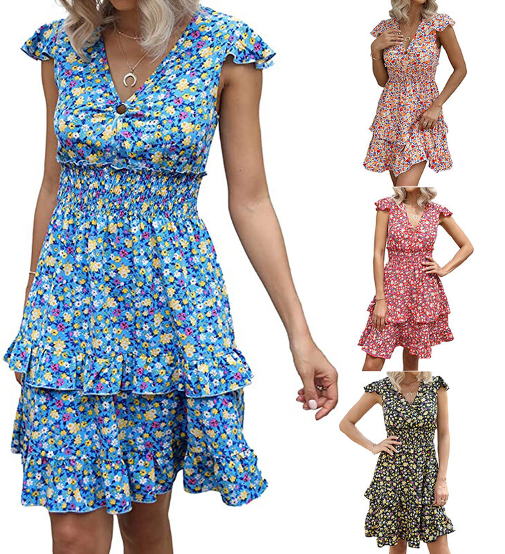 Летние женские платья 2023, многослойное мини-платье в стиле бохо с V-образным вырезом и цветочным принтом, милая собранная туника, Короткое женское платье