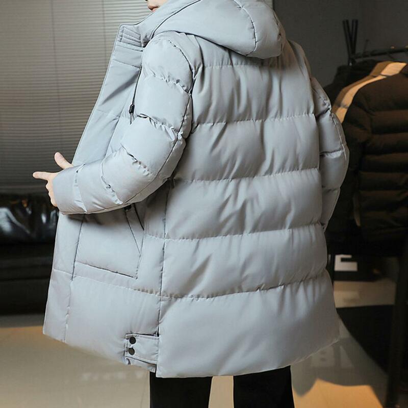 Casaco de algodão masculino manga comprida, casaco exterior de comprimento médio, acolchoado grosso com capuz, à prova de vento, casual